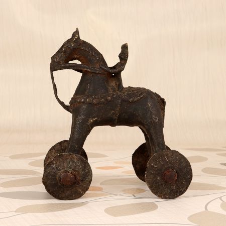Indian Vintage Brown Brass Horse with Wheel for Decoration