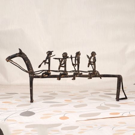 Handmade Vintage Brass Long Horse with Four Warriors Statue