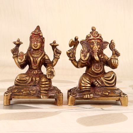 Traditional Handmade Brass Lord Ganesha and Goddess Laxmi Statue