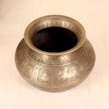 Beautifully Engraved Vintage White Metal Pot for Indoor Decor