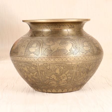 Beautifully Engraved Vintage White Metal Pot for Indoor Decor