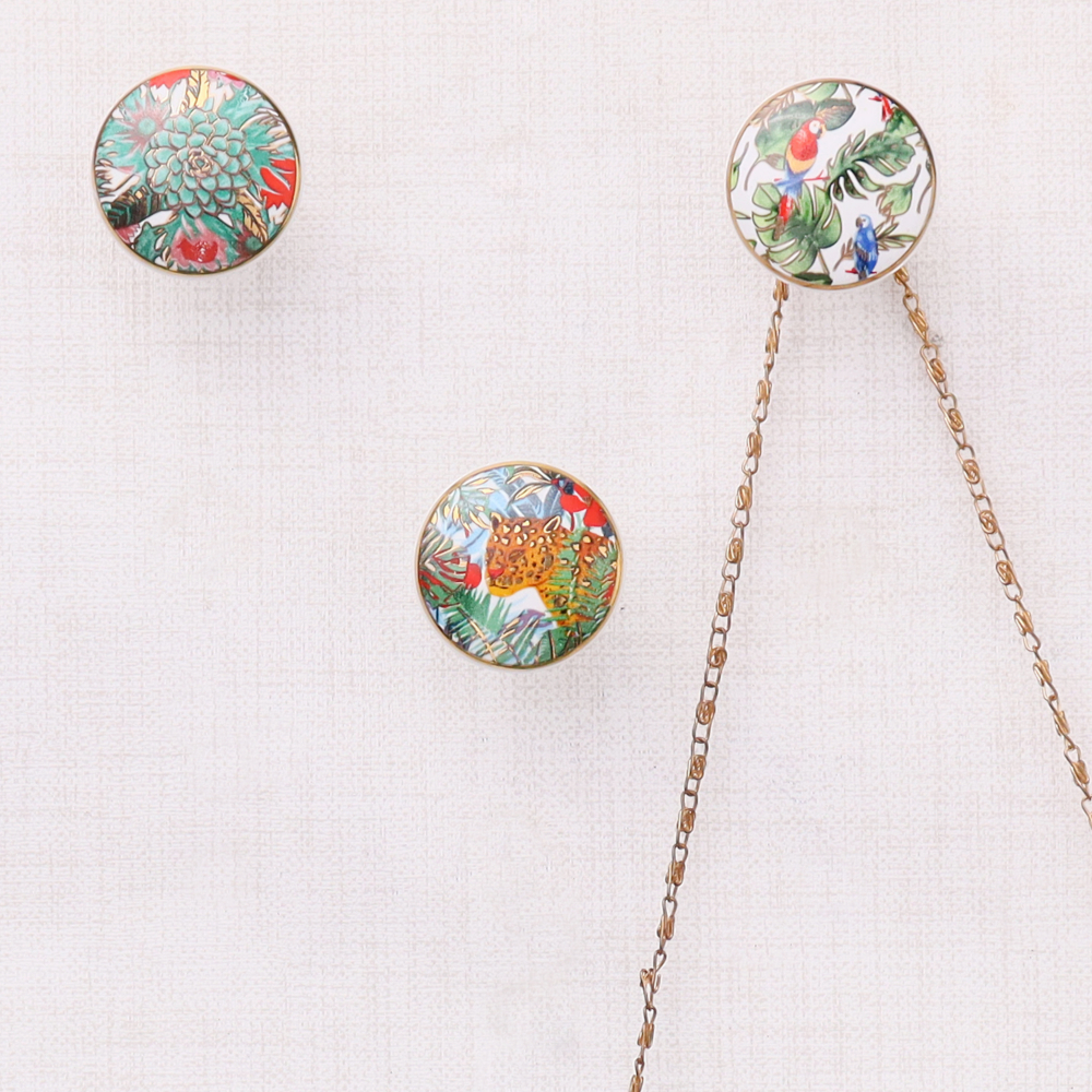 Tropical Multicolor Ceramic Wall Hook With Gold Work-3 Pieces