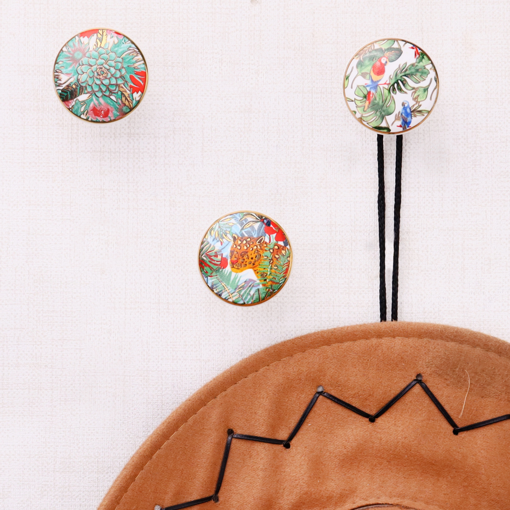 Tropical Multicolor Ceramic Wall Hook With Gold Work-3 Pieces