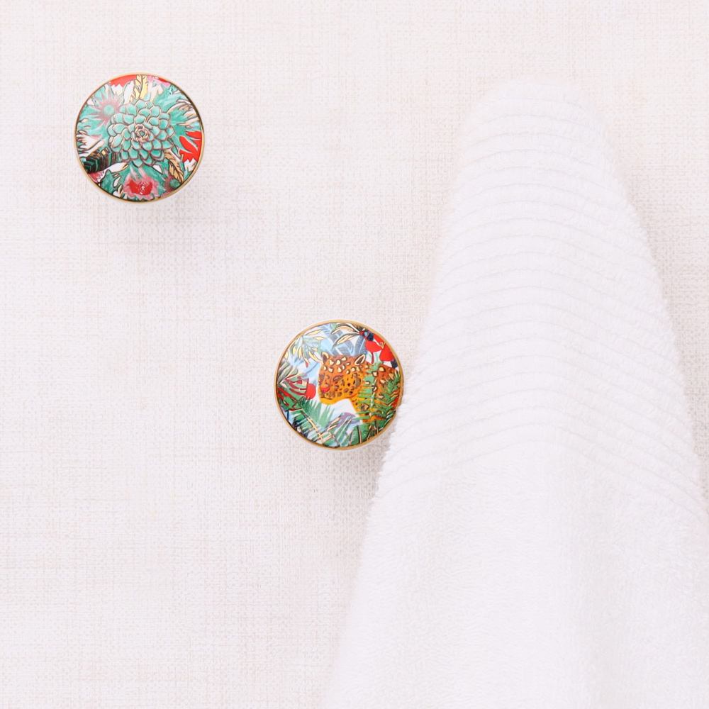 Tropical Multicolor Ceramic Wall Hook With Gold Work-3 Pieces