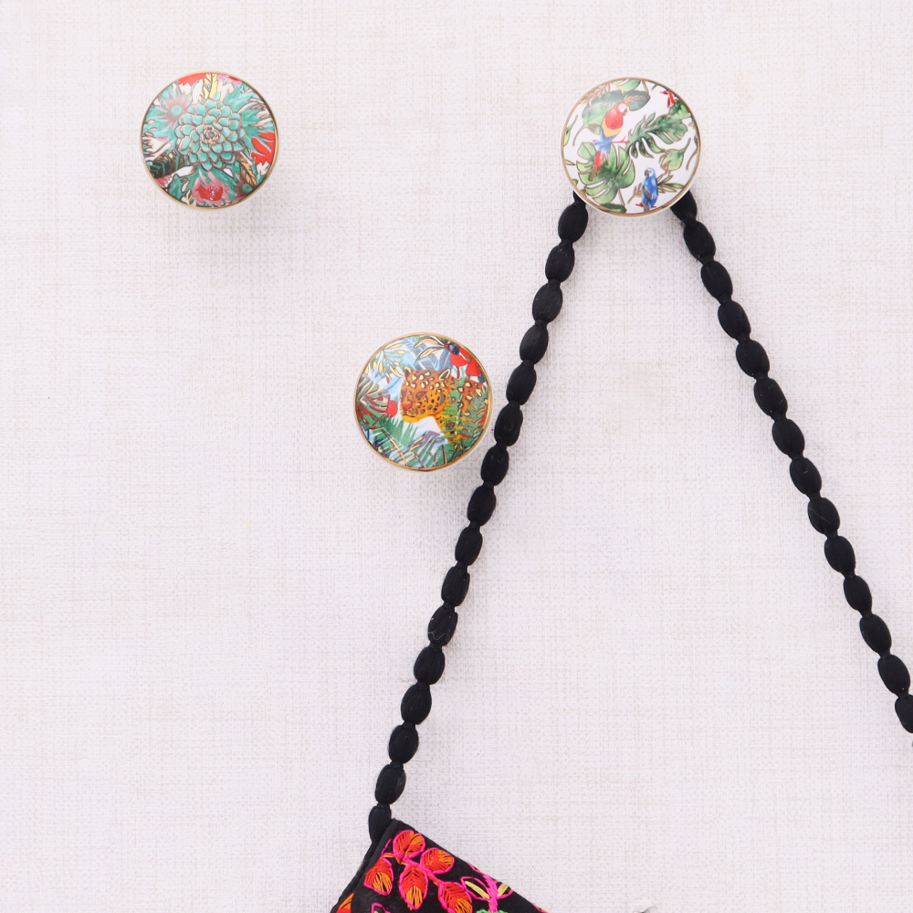 Tropical Multicolor Ceramic Wall Hook With Gold Work-3 Pieces