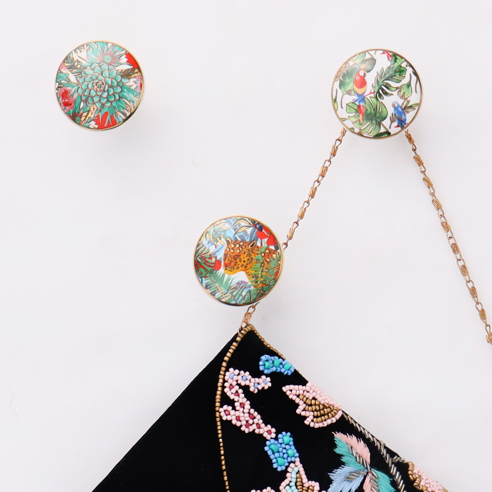 Tropical Multicolor Ceramic Wall Hook With Gold Work-3 Pieces