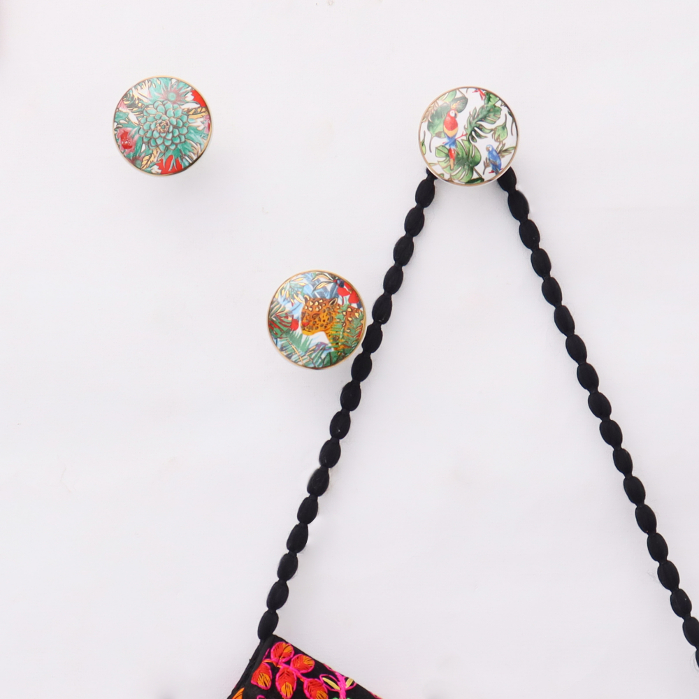 Tropical Multicolor Ceramic Wall Hook With Gold Work-3 Pieces