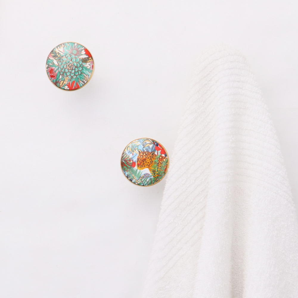 Tropical Multicolor Ceramic Wall Hook With Gold Work-3 Pieces