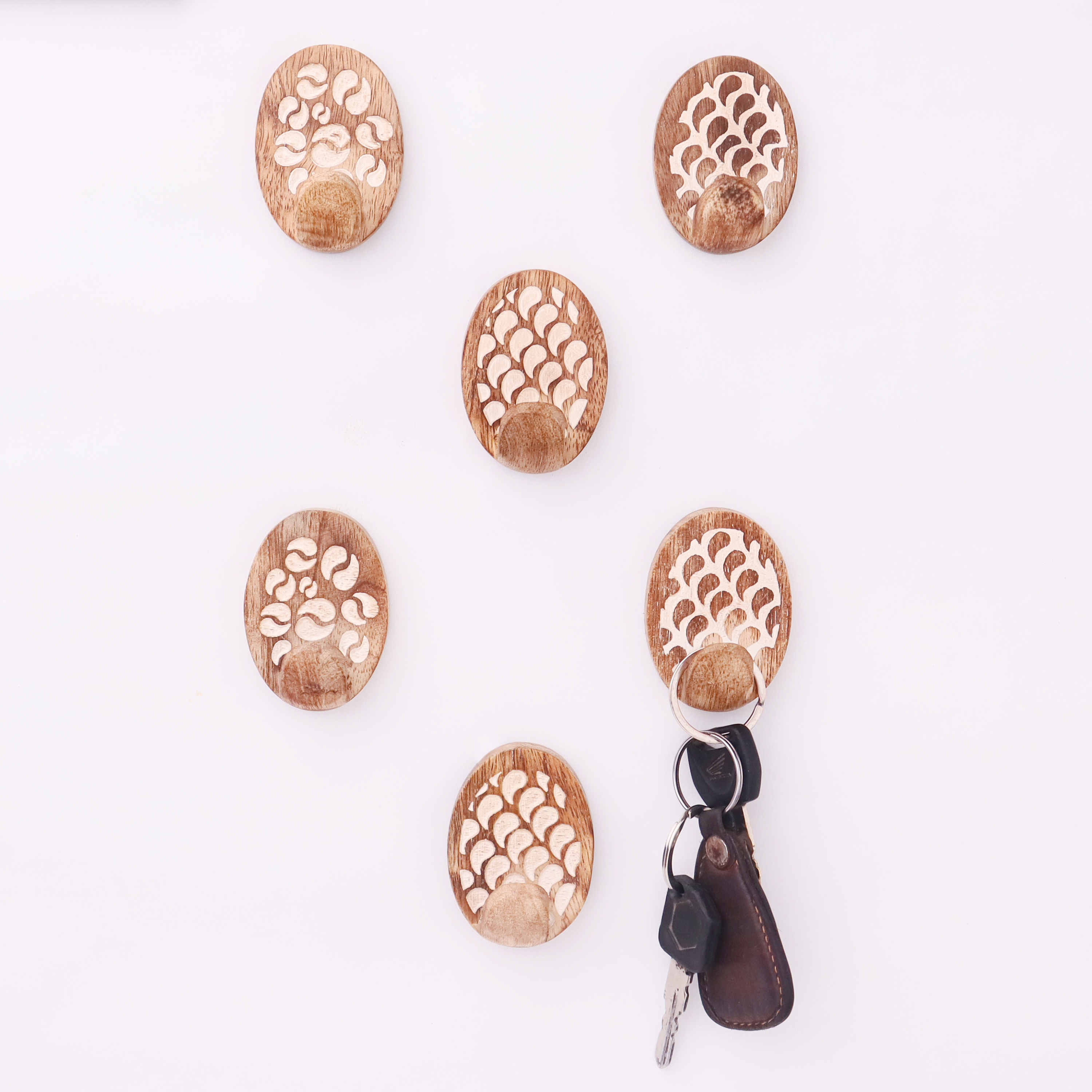 Wooden Brown White No Damage Wall Adhesive Hooks-Pack of 6