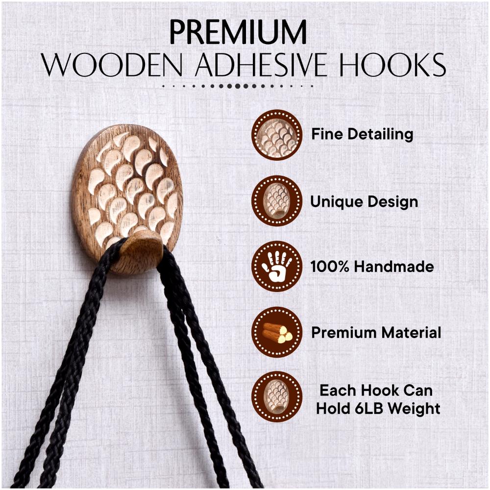 Wooden Brown White No Damage Wall Adhesive Hooks-Pack of 6