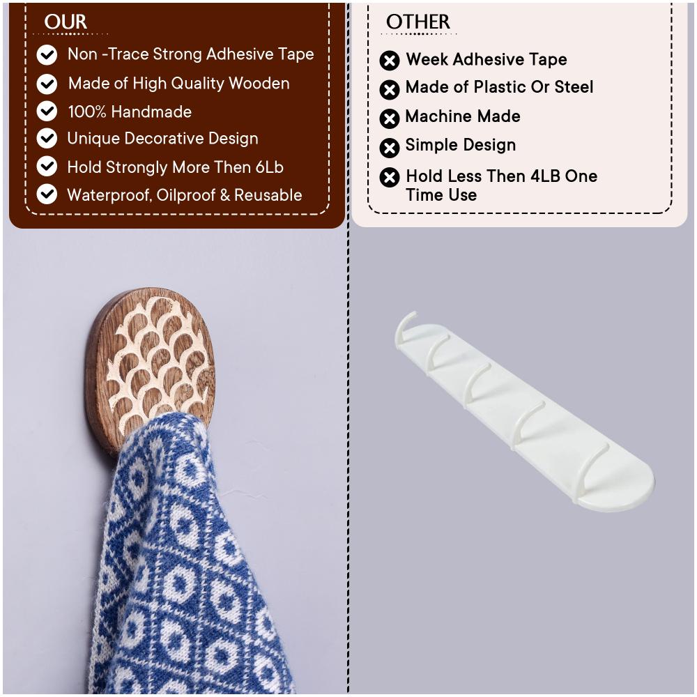 Wooden Brown White No Damage Wall Adhesive Hooks-Pack of 6