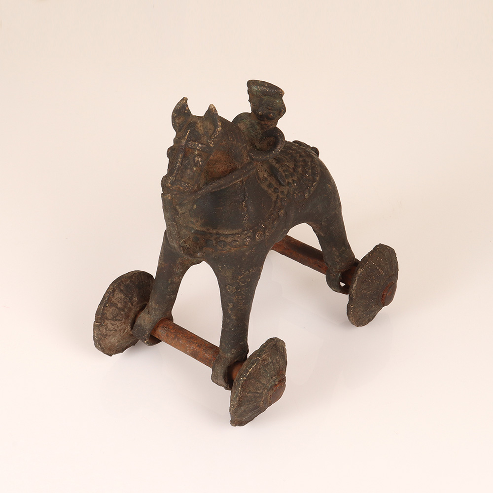 Indian Vintage Brown Brass Horse with Wheel for Decoration