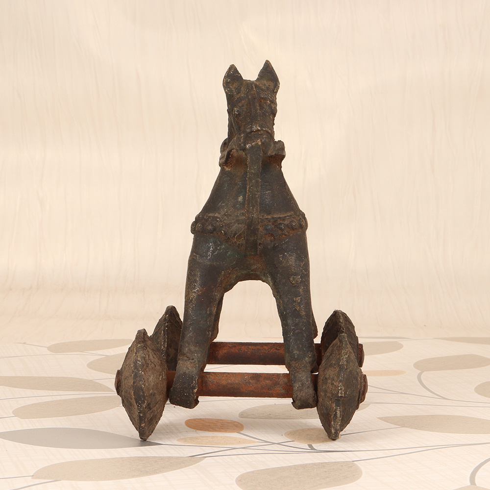 Indian Vintage Brown Brass Horse with Wheel for Decoration