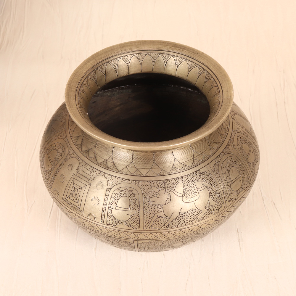 Beautifully Engraved Vintage White Metal Pot for Indoor Decor