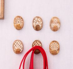 Wooden Brown Floral Sticky Hook for Wall- Pack of 6