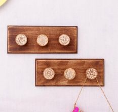 Brown White Modern Floral Wooden Wall Hooks-Pack of 2