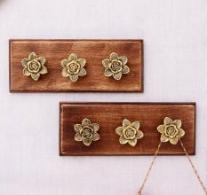Golden Rose Flower Metal Wooden Wall Hooks-Pack of 2