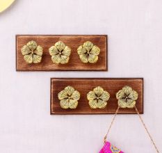 Decorative Golden Flower Aluminium Wooden Wall Hooks-Pack of 2