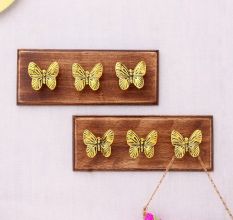 Decorative Golden Butterfly Metal Wooden Wall Hooks- Pack of 2