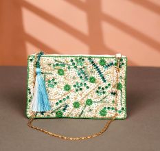 Green Floral Pattern Cotton and Beads Hand Bag