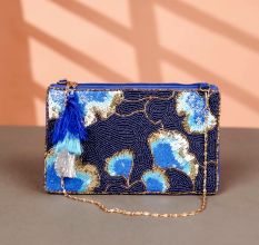 Premim Hand-Beaded Blue Floral Motifs Cotton Hang Bag