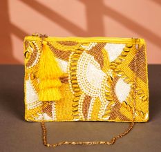 Mustard Cotton and Beads Hang Bag in Premium Finish