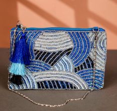 Deep Blue Style Cotton and Beads Hand Bag for Festive Occasions