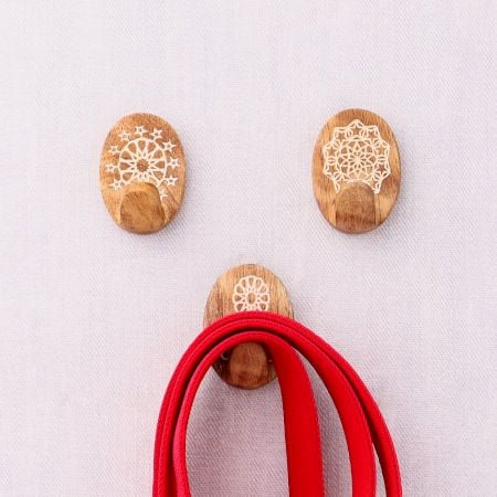 Brown White Wooden No Damage Wall Adhesive Hooks-Pack of 3