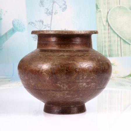 Vintage Handcrafted Brass Holy Water Pot with Carving for Rituals
