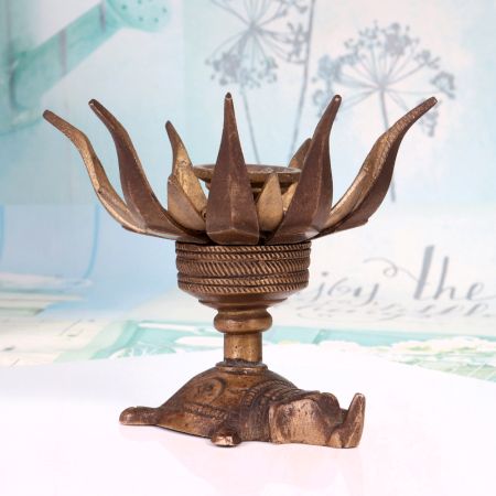 Vintage Handmade Brass Lotus Candle Stand with Elephant Base