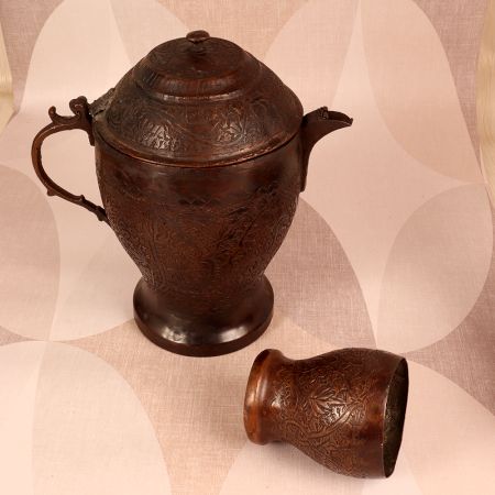 Handmade Vintage Copper Jug and Four Glass Set for Decor
