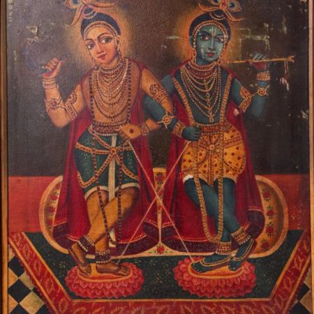 Hand-Painted Canvas Oil Painting of Lord Krishna and Balram