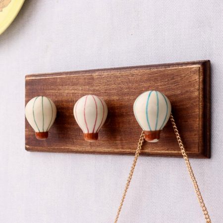 Multicolor Ceramic Hot Air Balloon Modern Kids Wooden Wall Hook