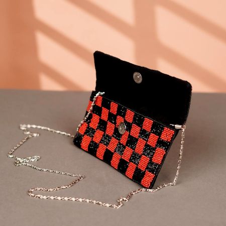 Red and Black Cotton Beads Hand Bag for Women