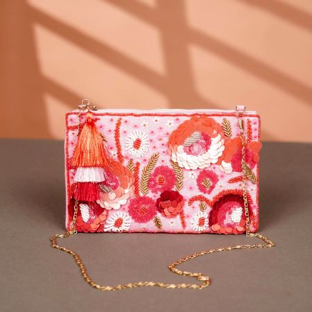 Soft Pink Cotton and Beads Hand Bag for Wedding