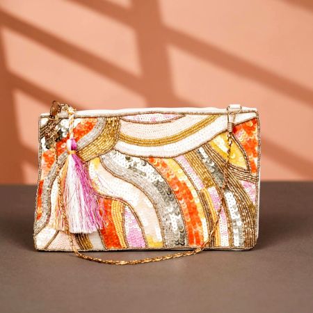 Abstract Wave Design Cotton Beads Hand Bag for Festive Wear