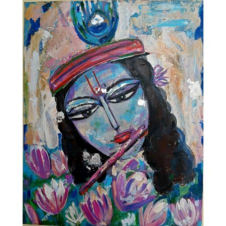 Beautiful Canvas Painting of Lord Krishna by Artist Dr. Maya Subramoni 30 x 24 inches