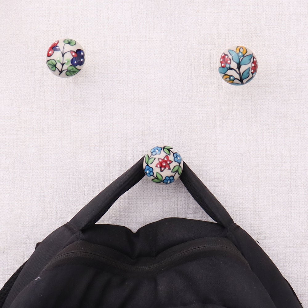Multicolor Floral Ceramic Wall Hooks-3 Pieces