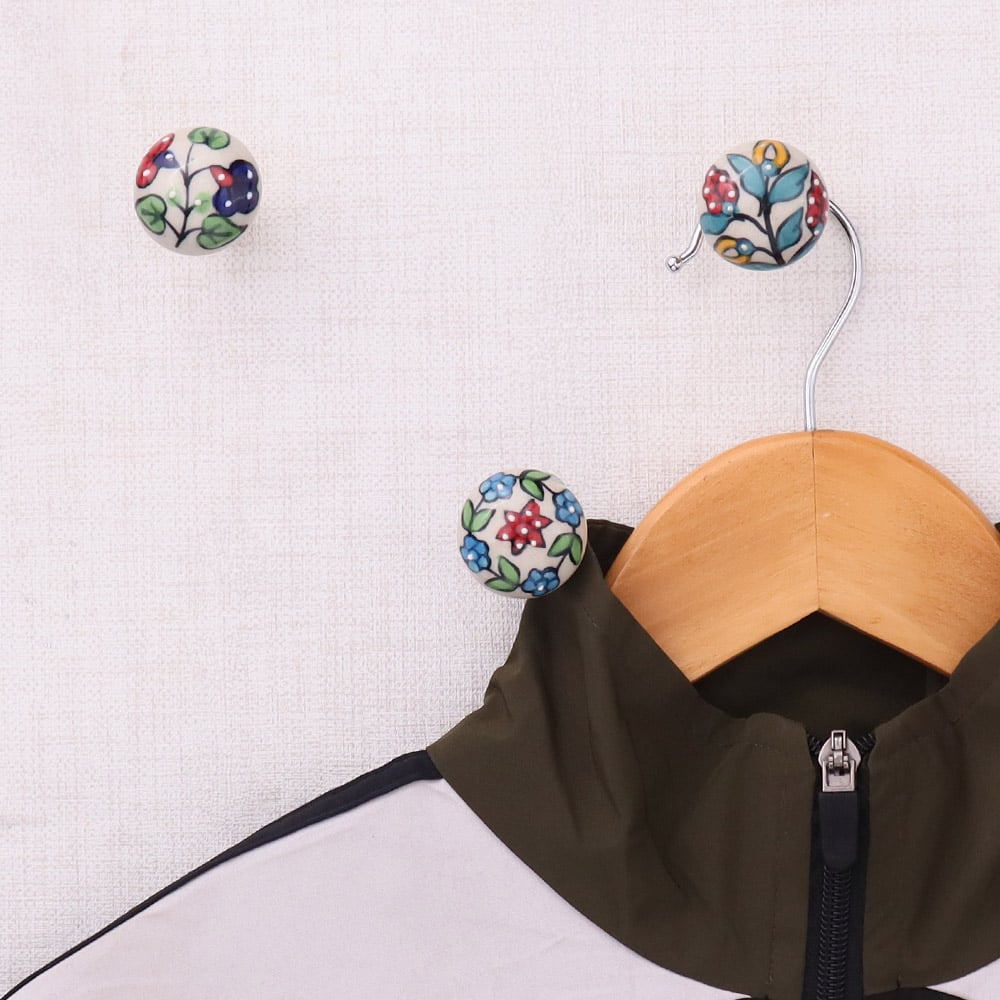 Multicolor Floral Ceramic Wall Hooks-3 Pieces