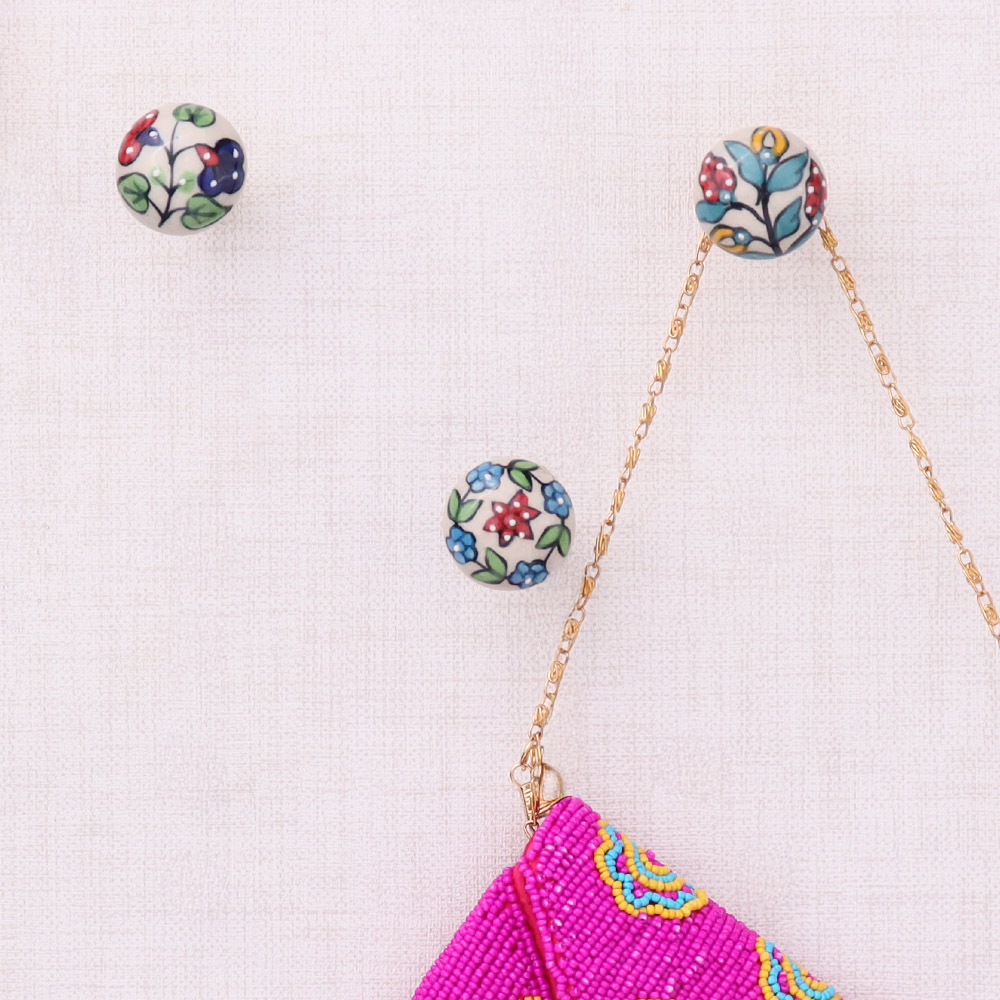 Multicolor Floral Ceramic Wall Hooks-3 Pieces