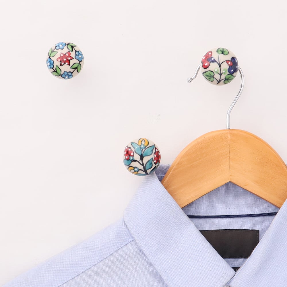 Multicolor Floral Ceramic Wall Hooks-3 Pieces