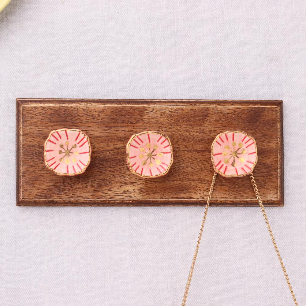 Pink Golden Flower Flat Ceramic Wooden Wall Hook