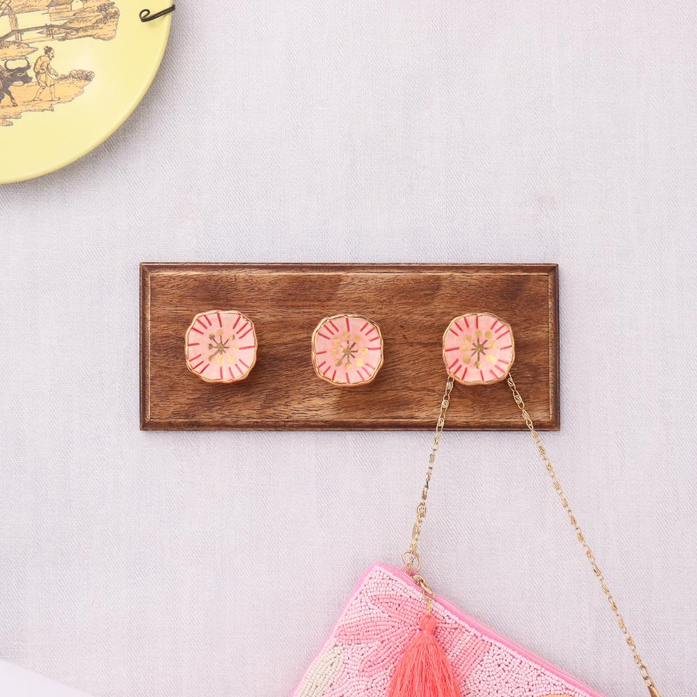 Pink Golden Flower Flat Ceramic Wooden Wall Hook