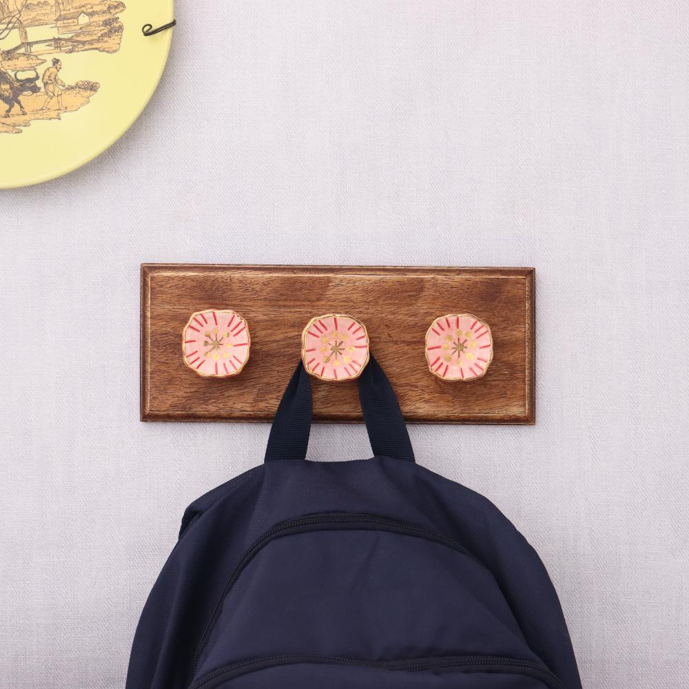 Pink Golden Flower Flat Ceramic Wooden Wall Hook