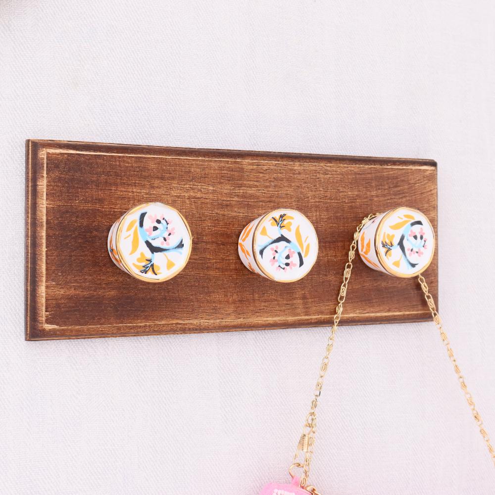 Pink Octagon Ceramic Floral Wooden Wall Hook