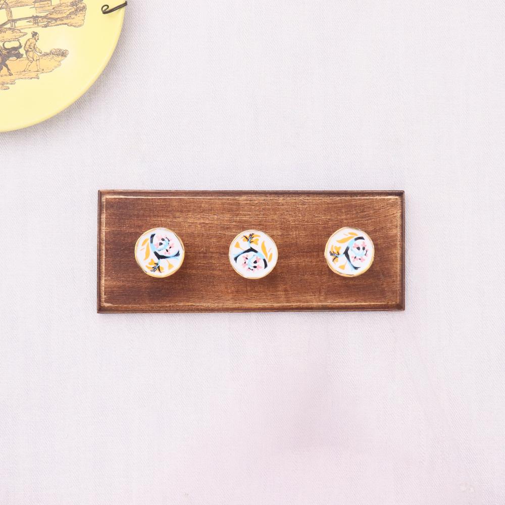 Pink Octagon Ceramic Floral Wooden Wall Hook