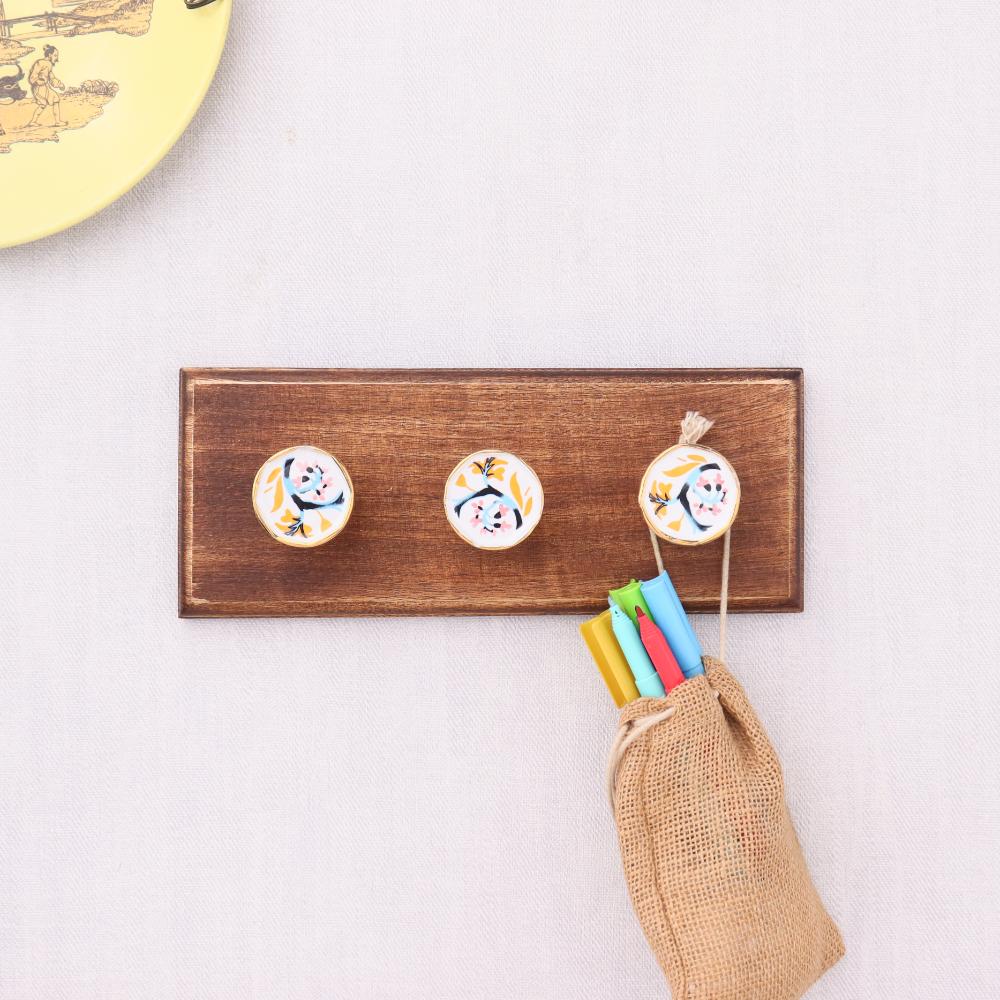 Pink Octagon Ceramic Floral Wooden Wall Hook