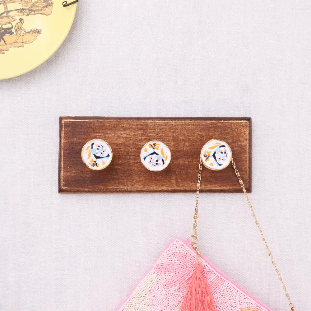 Pink Octagon Ceramic Floral Wooden Wall Hook