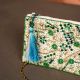 Green Floral Pattern Cotton and Beads Hand Bag