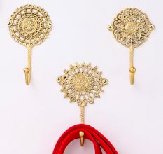 Brass Floral Pattern Pack of 3 Key Hooks for Wall